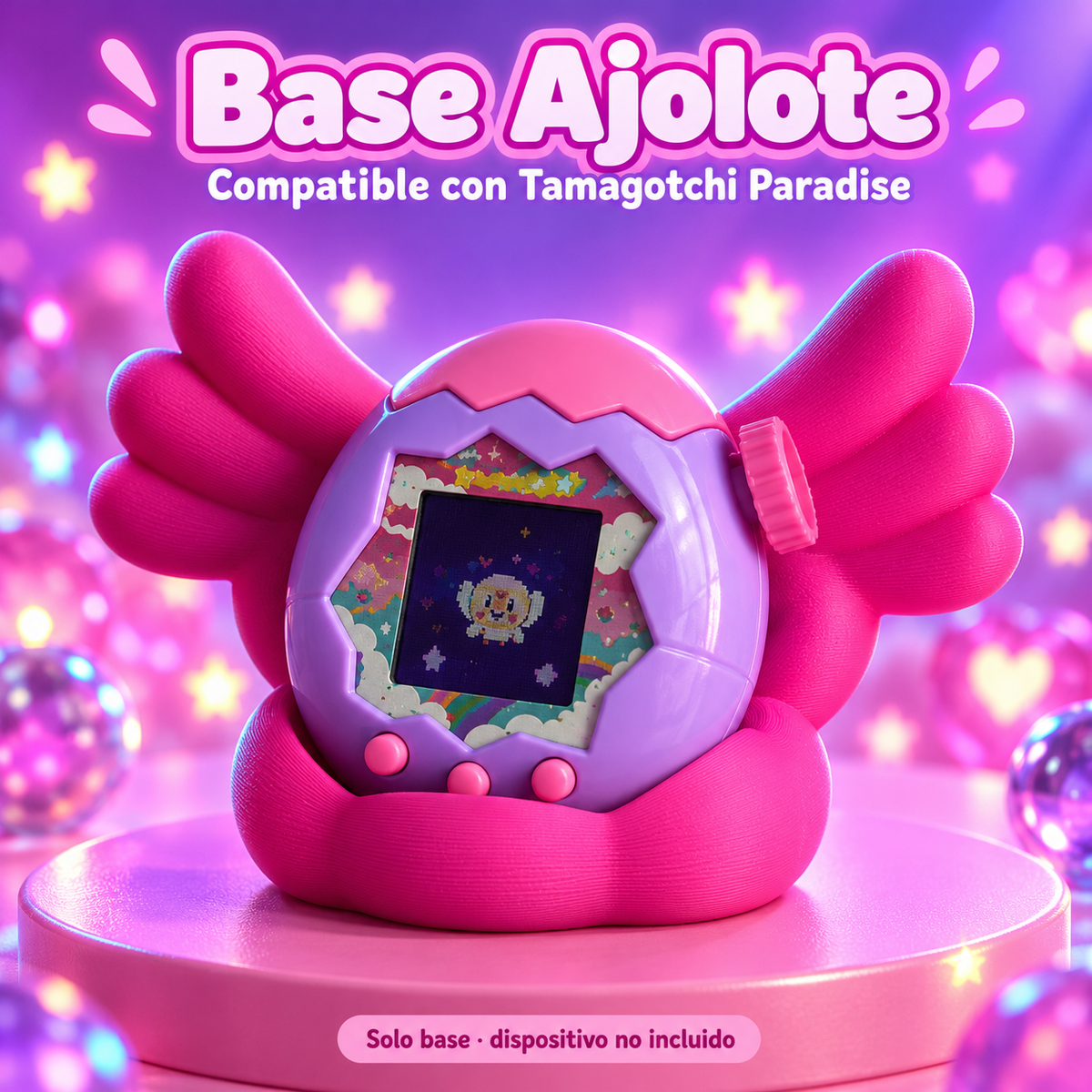 Base Ajolote fucsia compatible con Tamagotchi Paradise. Solo base, dispositivo no incluido.