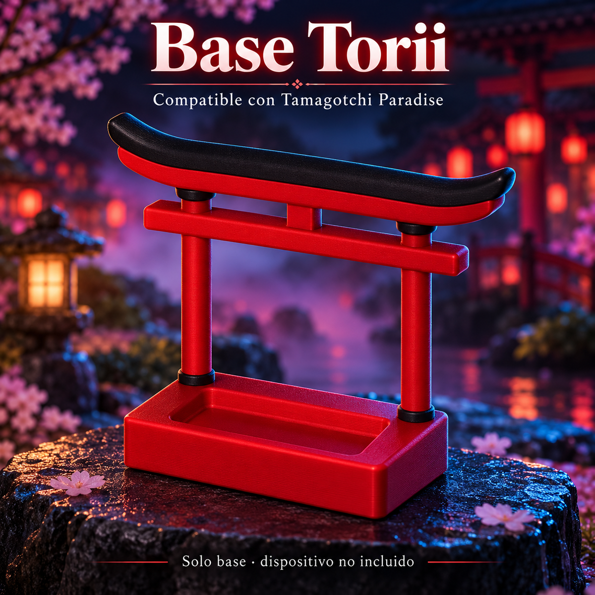 Base Torii roja y negra compatible con Tamagotchi Paradise. Solo base, dispositivo no incluido.