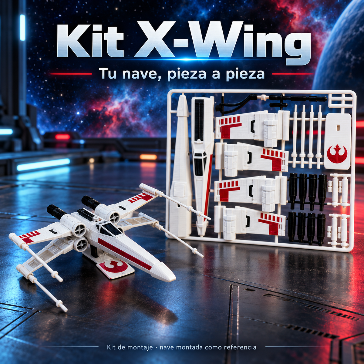 Kit de montaje X-Wing blanco con detalles rojos y negros. Marco de piezas y nave montada como referencia.