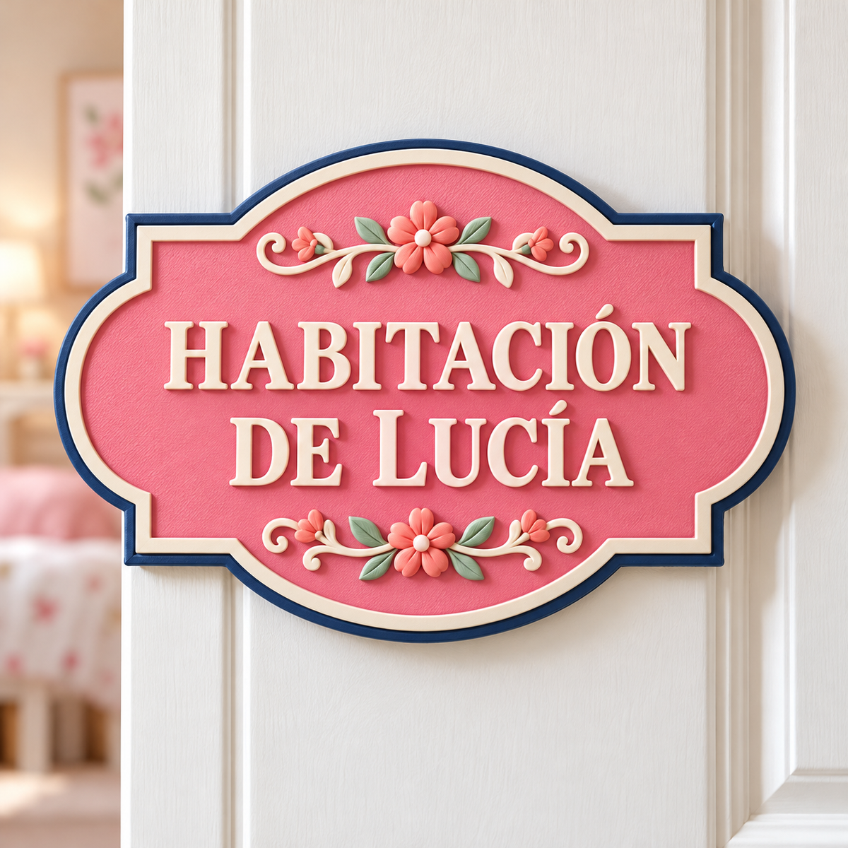 Rótulo de puerta rosa con el texto Habitación de Lucía y flores decorativas