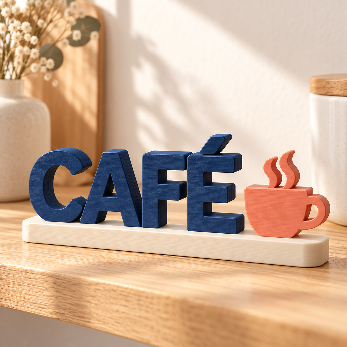 Letrero de estantería personalizado con la palabra Café y un icono de taza