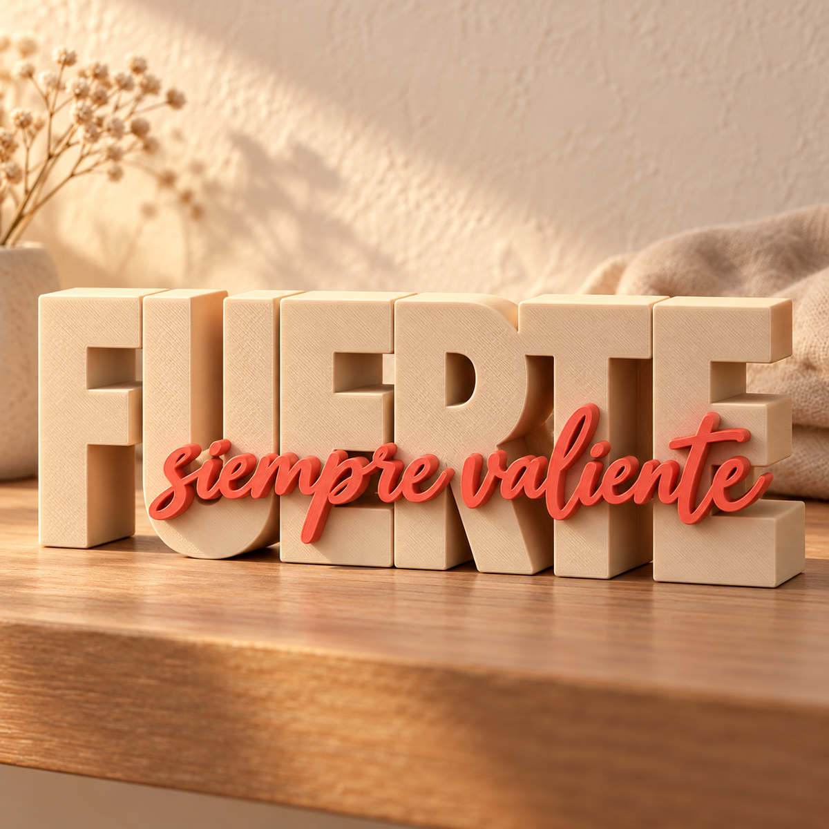 Palabra decorativa Fuerte con la frase siempre valiente en coral